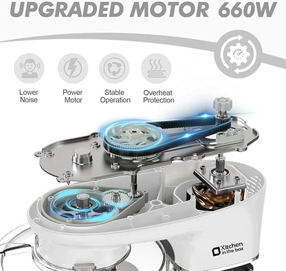 Kitchen in the box Stand Mixer, 6.5QT 660W Kitchen Electric Mixer, 6-Speed Tilt-Head Food Mixer with Dough Hook, Wire Whip, Beater, Dishwasher Safe (White)