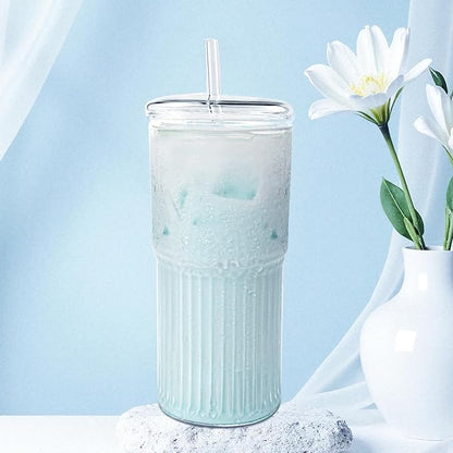 Glass Cups with Lids and Glass Straws, High Borosilicate 20OZ Tumblers (4Pcs) for Coffee, Tea, Juice, Smoothies, Hot/Cold Drinks at Home, Office