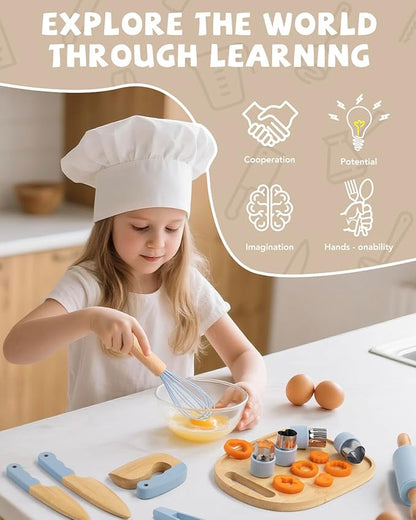 Wooden Kids Cooking Set Montessori Kit - Real Toddler Kitchen Tools & Baking Utensils - 15PCS Cooking Kit for Kids with Storage Bag, Great Gift for Pretend Play & Montessori Learning (Blue)