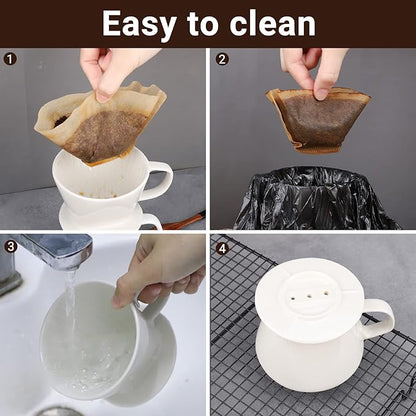 Segarty Pour Over Coffee Maker, Single Cup White Ceramic Coffee Dripper, Size No.2 Reusable Filter Cone Drip Holder Slow Brewer with 3 Holes Flat Bottom for Home, Office, Travel, Camping