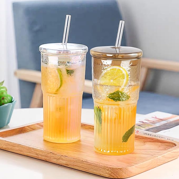 Glass Cups with Lids and Straws, Amber 20 OZ Iced Water Glasses Tumblers for Ice Juice, Tea, Milk, Smoothie and Cold or Hot Drinks, Set of 2