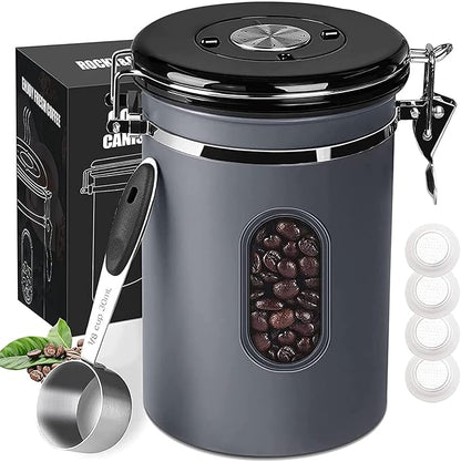 1500ML Airtight Coffee Canister with Date Tracker&Transparent Window, 18OZ Coffe Beans Storage with 30ML Measure Spoon&4 co2 Valve, Coffee Container for Grounds Coffee, Beans, Tea, Sugar, Flour(Gray)