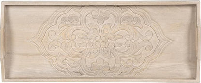 Kate and Laurel Adhira Carved Decorative Rectangle Tray, 24 x 10, Natural Wood, Traditional Display Tray with Handles and Hand Carved Wooden Pattern