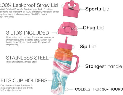 Coldest 40 oz Tumbler with Handle and Straw - 100% Leak Proof Insulated Tumbler with Lid and Straw (3 Lids) - Stainless Steel Tumblers for Women & Men - Cup Holder Friendly Base, 36 oz (Amethyst)