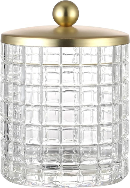 Glass Cotton Jar Holder Matte Gold Lid, Elegant Bathroom Storage Canister for Qtips, Cotton Balls, Floss, Makeup Organizer, Vanity Bathroom Organization