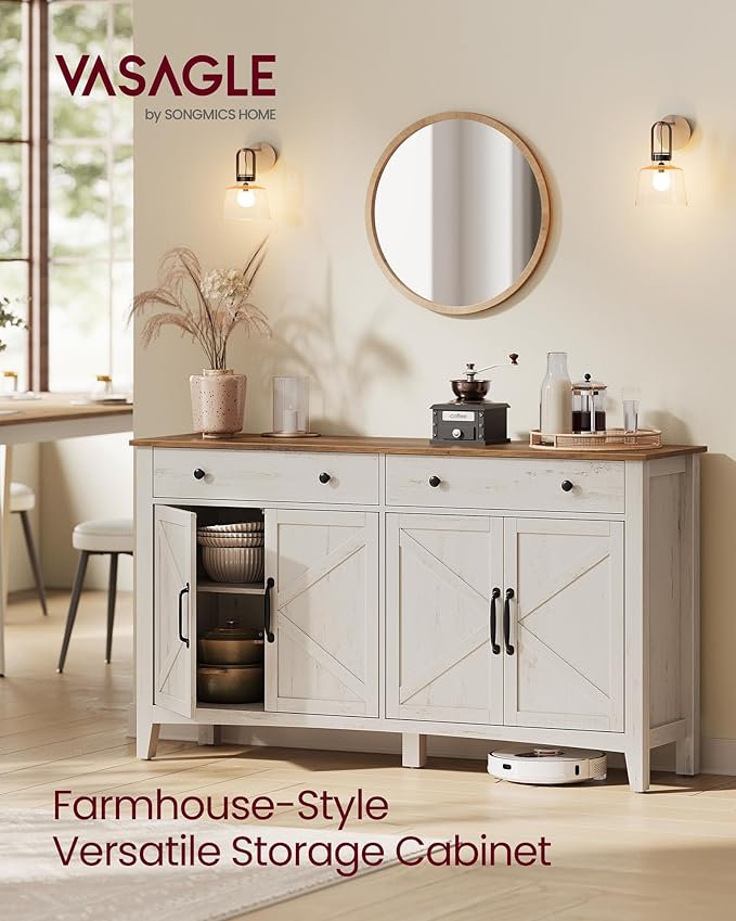 VASAGLE LIRY Collection - Buffet Cabinet, Coffee Bar Cabinet with 2 Drawers, Adjustable Shelves, Sideboard Storage with Cable Holes, Drawer Dividers, Rustic White and Honey Brown UBBK381W01