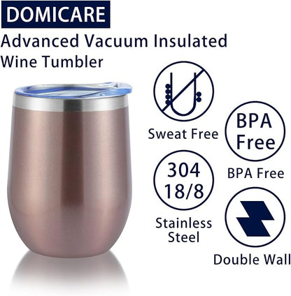 DOMICARE Stainless Steel Wine Tumbler Bulk with Lid, Personalized Rose Gold Insulated Tumblers Set, 12oz Travel Coffee Cups Pack of 1