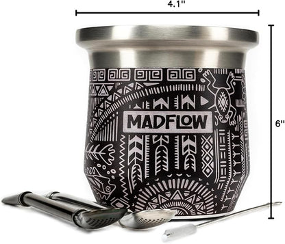 MADFLOW Yerba Mate Cup. Stainless Steel Mate Cup with 2 Bombillas. Double Wall Vacuum Insulated Yerba Mate Gourd. Unique Mate Cup And Bombilla Set