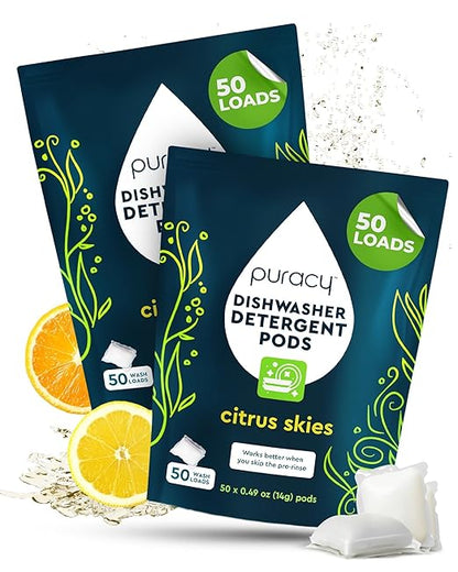 Puracy Dishwasher Pods, Natural Dishwasher Detergent, Citrus Skies Dish tabs - Enzyme-Powered, Spot & Residue Free - TikTok Trend Items, Must Haves from TikTok (Citrus Skies, 50 Count - 2 Pack)