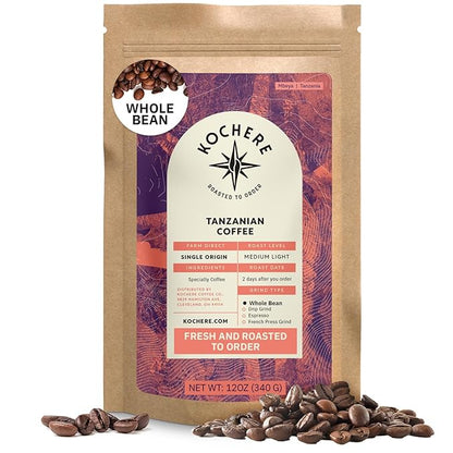 Tanzanian Peaberry Coffee Whole Bean - Single Origin Medium Light Roast, Roasted To Order Whole Bean Coffee Specialty Grade, Fair Trade and Non-GMO