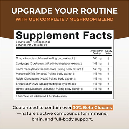 Naturealm Sacred 7 Organic Mushroom Supplement – 100% Fruiting Body Extract Powder with Lions Mane, Reishi, Chaga & More | Nootropic & Immune Support for Coffee, Tea, Smoothies – 60 Servings