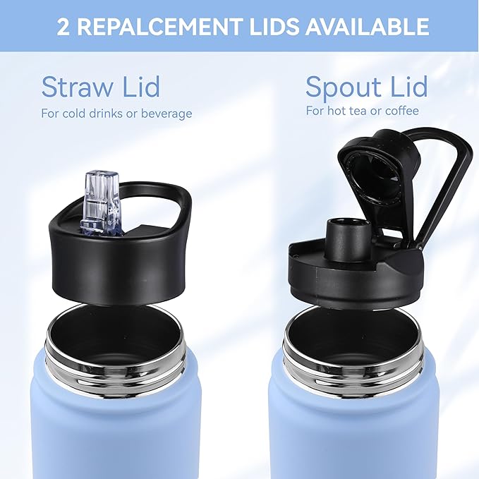 HASLE OUTFITTERS Insulated Water Bottle 22 oz Double Wall Stainless Steel Water Bottle Wide Mouth with Straw Lid & Spout Lid Keeps Cold or Hot(Blue,8)