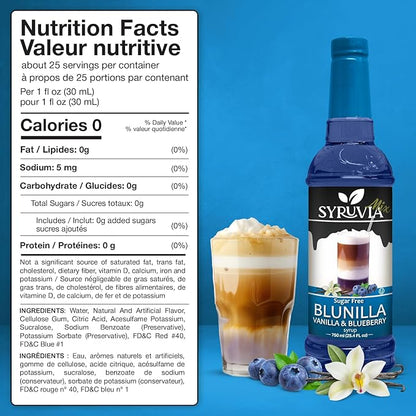 Syruvia Sugar Free Coffee Syrup, BLUNILLA Syrup, Vanilla Blueberry Flavored Syrup for Drinks, Lattes, and Desserts – 25.4 fl oz