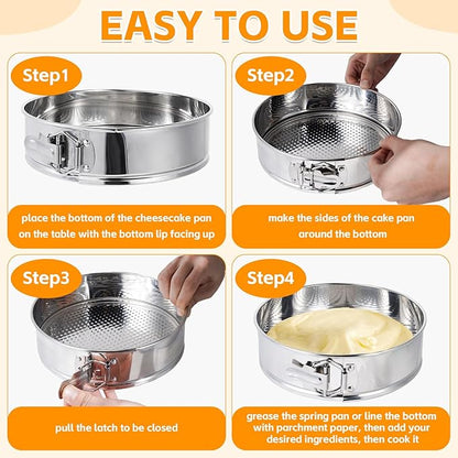 Aufind Springform Cake Pan 9 Inch, 304 Stainless Steel Baking Pan with Removable Bottom, Leakproof Nonstick Design Includes 12 Piping Tips, Silicone Mold and 50 Parchment Papers (9" Cake pan)
