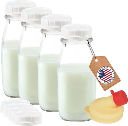kitchentoolz 12 Oz Square Glass Milk Bottles with Lids (4 Pack) – Reusable Glass Creamer Bottles for Milk, Juice, and More – Includes Tamper-Proof Caps and One Silicone Pour Spout