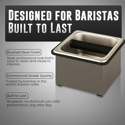 Rattleware Stainless Steel Knock Box - Perfect for Home, Cafe, Restaurant, Hotel, Office, or Commercial Establishment - Heavy Duty Knock Box Trusted By Baristas Worldwide (7.5" x 7" x 4")