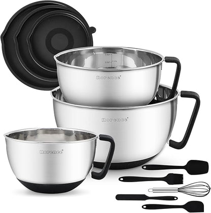 Rorence Stainless Steel Mixing Bowls: Metal Mixing Bowl Set with Lids and Handles Non-slip Silicone Bottom Nesting Bowls for Kitchen Set of 3 - Black
