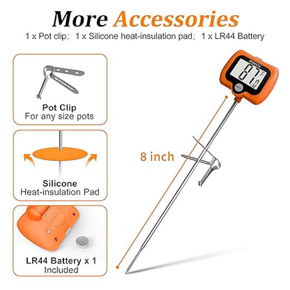 BOMATA Candy Thermometer with Pot Clip, Instant Read Cooking Thermometer with 8" Long Probe, Rotating Display, for Candy Making, Food, Candle Making, Liquids, Water, Baking, Sugar, Grilling. Orange