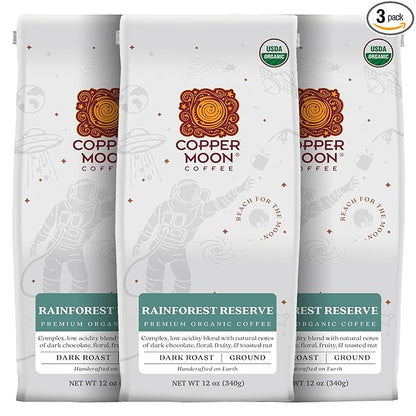 Copper Moon Ground Coffee, Organic Rainforest Reserve, Dark Roast, 3 Bags (12 oz. Each)