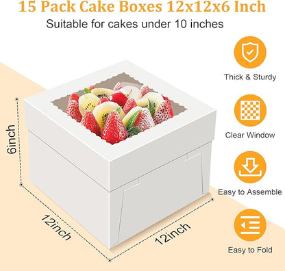 15 PCS Cake Boxes 12 Inch, 12x12x6 Inch Cake Box, 12 Inch Cake Box with Window, White Bakery Boxes, Large Baking Boxes, Cajas Para Pasteles, 12x12 Cake Boxes for Birthday, Wedding, Party, Business