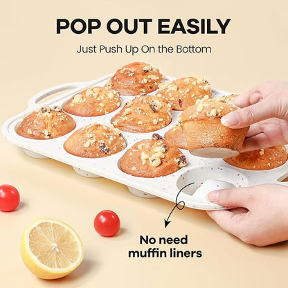 Silicone Muffin Pans for Baking 2 Pack, 2.8 Inch with Metal Reinforced Frame, Regular Size Nonstick Silicone Cupcake Pan 12 Cups for Baking Homemade Muffins, Cupcakes, Dishwasher Safe BPA Free