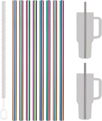 Tomorotec 8PCS Stainless Steel Straws for Stanley Tumbler 40oz, 12" Metal Straws for Stanley Cup with Brush, Reusable Drinking Straws for Smoothies, Milkshakes, Dishwasher Safe & BPA-Free (Iridescent)
