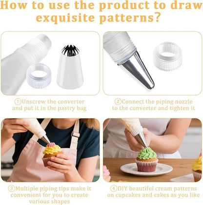 Stainless Steel Piping Tips Set with Reusable Piping Bags - Professional Icing Bags and Tips Set for Cake Decorating - Cupcakes, Cookies, Chocolate - Ultimate Cake Decorating Tips Kit (White)