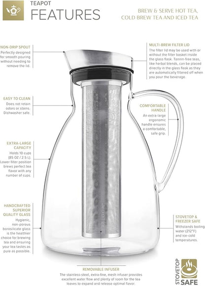 Teabloom Extra-Large Multi-Brew Borosilicate Glass Teapot + Kettle + Pitcher (85 OZ / 2.5 L / 10 CUPS) – Brew and Serve Hot Tea, Iced Tea, Cold Brew Tea and Fruit Infused Water – Solstice Tea Maker