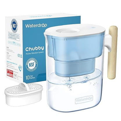 Waterdrop Water Filter Pitcher with 1 Filter, 200-Gallon Long-Life, Chubby 10-Cup Large Water Filter Pitcher, NSF Certified, 5X Times Lifetime, Reduces PFOA/PFOS, BPA Free, Blue