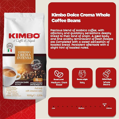 Kimbo Espresso Crema Intensa Whole Bean Coffee | Medium Dark Roast | 11/13 Intensity | Blended & Roasted in Italy | Full Body with Cinnamon Notes | 2.2 Lbs bag