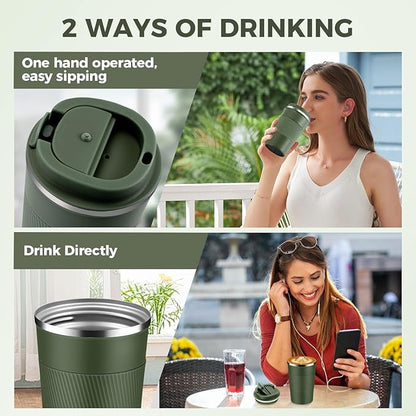 Volhoply 13 oz Stainless Steel Insulated Travel Coffee Mug with Fip Lid,Reusable Double Wall Vacuum Metal Coffee Cup,Portable to Go Leak Proof Cafe Thermal Tumbler for Hot & Cold Drinks(Army Green,1)
