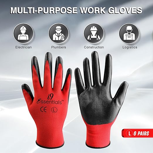 I9 Essentials Nitrile Coated Work Gloves Large 6 Pack – Grip Safety Gloves for Construction, Gardening, Mechanics