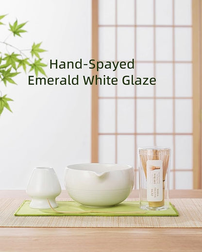 ZENS Matcha Whisk Set, 15oz Ceramic Matcha Bowl with Spout and Bamboo Whisk, Whisk Holder (Chasen), Scoop & Tea Towel, 5pcs Matcha Tea Kit Gift for Matcha Lovers, White