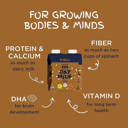 Willa's Organic Kid's Chocolate Oat Milk with 8g Protein & 240g Calcium, Plant-Based Milk for Kids, Dairy-Free, Low Sugar, 2g Fiber– 8.25 oz, 16 Pack