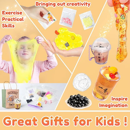 Miniature Cafe & Boba Tea Slime Making Kit for Girls Ages 8-12, 53PCS Mini Coffee & Bubble Tea Dessert Cup, DIY Pretend Play Food Set, Kitchen Toys, Birthday Party Gift for Kids 6 7 9 10 11