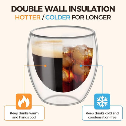 ComSaf 8oz Glass Coffee Mugs Set of 6, Double Walled Insulated Thermal Mugs for Latte Cappuccino Cocoa Milk Cafe Juice Tea, Clear Espresso Cups Set Glassware Gift for Christmas Birthday