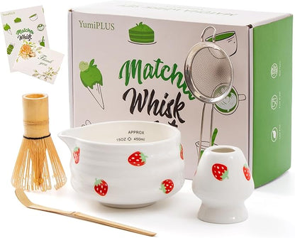 5pcs Premium Matcha Set,Ceramic Bowl with Spout and Bamboo Whisk set, Ceremonical Matcha Kit for breakfast/latte,Tea Starter Making Kit,Unique Matcha Gift set (strawberry)