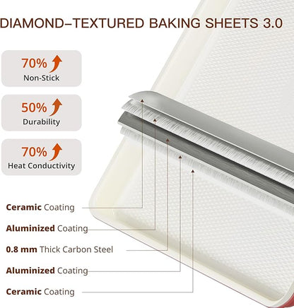 HONGBAKE 3 Pack Nonstick Ceramic Baking Sheet Pan Set for Oven, Non-Toxic Half/Quarter/Jelly Roll Pans with Diamond Texture, 0.8mm Aluminized Steel Cookie Trays for Cooking, Christmas Red & Cream