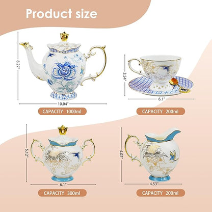 ACMLIFE Tea Set for Adults- Fine China Tea Set for 6, 21-Piece Vintage Coffee Set English Porcelain Tea Pot Sets for Adult Tea Party for Women Gift (blue, Extra Large set 21)