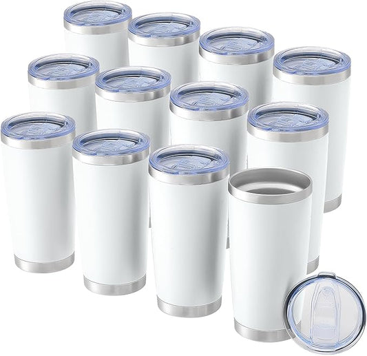 OMTech 20oz Tumblers Bulk, 12pc Stainless Steel Tumbler Set with Lid & Straw, Double Wall Vacuum Insulated Mug for Laser Engraver, Travel Coffee Mug for Hot & Cold Drinks, White Powder Coated Cup