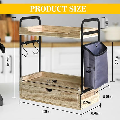 Coffee Station Organizer for Counter, Condiment Storage Caddy for Kitchen with Hooks and Bag,2 Tier Wooden Shelf for Coffee Bar Accessories,Coffee Bar Organizer for Kitchen, Home, Office-Brown