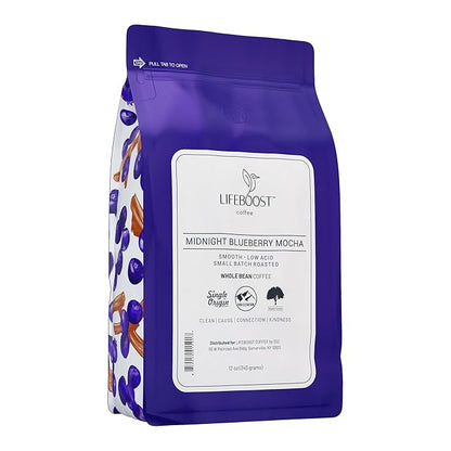 Lifeboost Midnight Blueberry Mocha Whole Bean Coffee - Non-GMO Wild Blueberry Low Acid Single Origin Coffee Beans - Third Party Tested For Mycotoxins & Pesticides - 12 Ounces