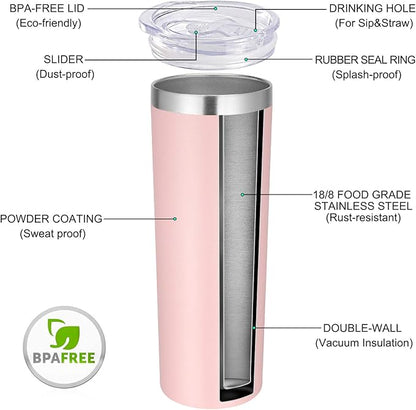 VEGOND Stainless Steel Tumblers Bulk 6 Pack, 20 oz Vacuum Insulated Skinny Tumblers with Lid and Straw, Double Wall Coffee Mug, Travel Water Cup, Light Pink