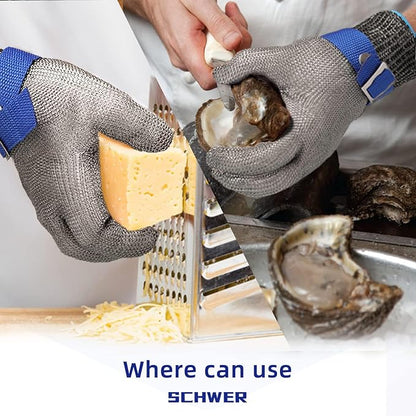 Schwer SlicePro ANSI A9 Cut Resistant Glove PR1706, Stainless Steel Mesh Metal Glove, Food Grade for Kitchen Cooking, Butcher Meat Cutting, Oyster Shucking, Mandoline, Fishing, Non-PFAS (S, 1 Pair)