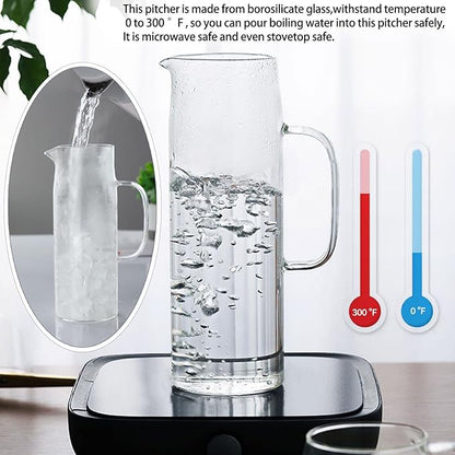 hjn Glass Pitcher with Lid Glass Water Carafe with Handle, Fridge Water Jug Cold or Hot Beverages, Iced Tea, Milk, Juice 1500ml/51oz & aluminium lid