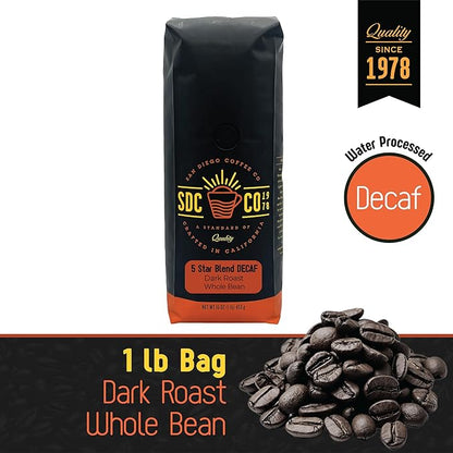 San Diego Coffee 5 Star Blend DECAF, Dark Roast, Whole Bean Coffee, 16-Ounce Bag Café en grano tostado descafeinado