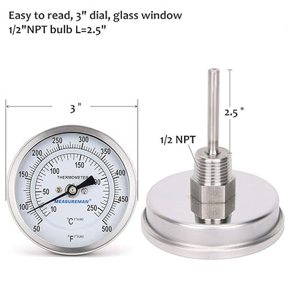 Measureman Fully Stainless Steel Bimetal Dial Thermometer, 3" Dial, 2-1/2" Stem, 50-550 deg F/10-260 deg C, -1% Accuracy, Adjustable, 1/2" NPT Back Mount