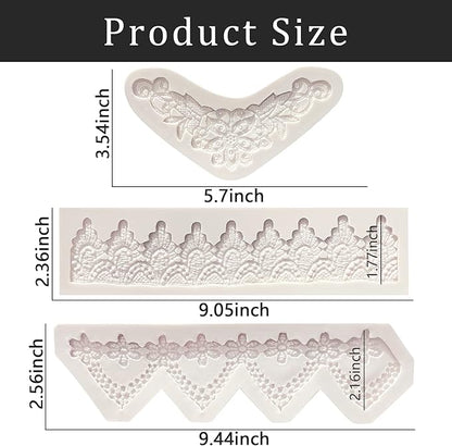 Lace Fondant Mold Set of 3, Edible Lace border Cake Decorating Imprint Mat Silicone Molds for Wedding, Valentine's Day, Chocolate, Cupcake, Cookies, Gum, Candy, Marzipan, Polymer Clay, Epoxy Crafts
