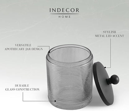 Glass Jar with Metal Lid for Bathroom Organization, Clear Apothecary Jar for Cotton Balls, Q Tips, and Small Accessories, Stylish Bathroom Storage Container Grey, Black