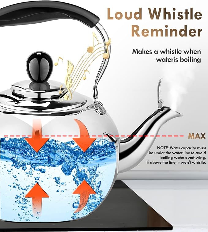 Whistling Tea Kettle Stovetop - 2.3 Quart Round Tea Pot for Stovetop, Silver Mirror Polished Classic Stovetop Kettle, Food Grade Material Teapot for Stove Top